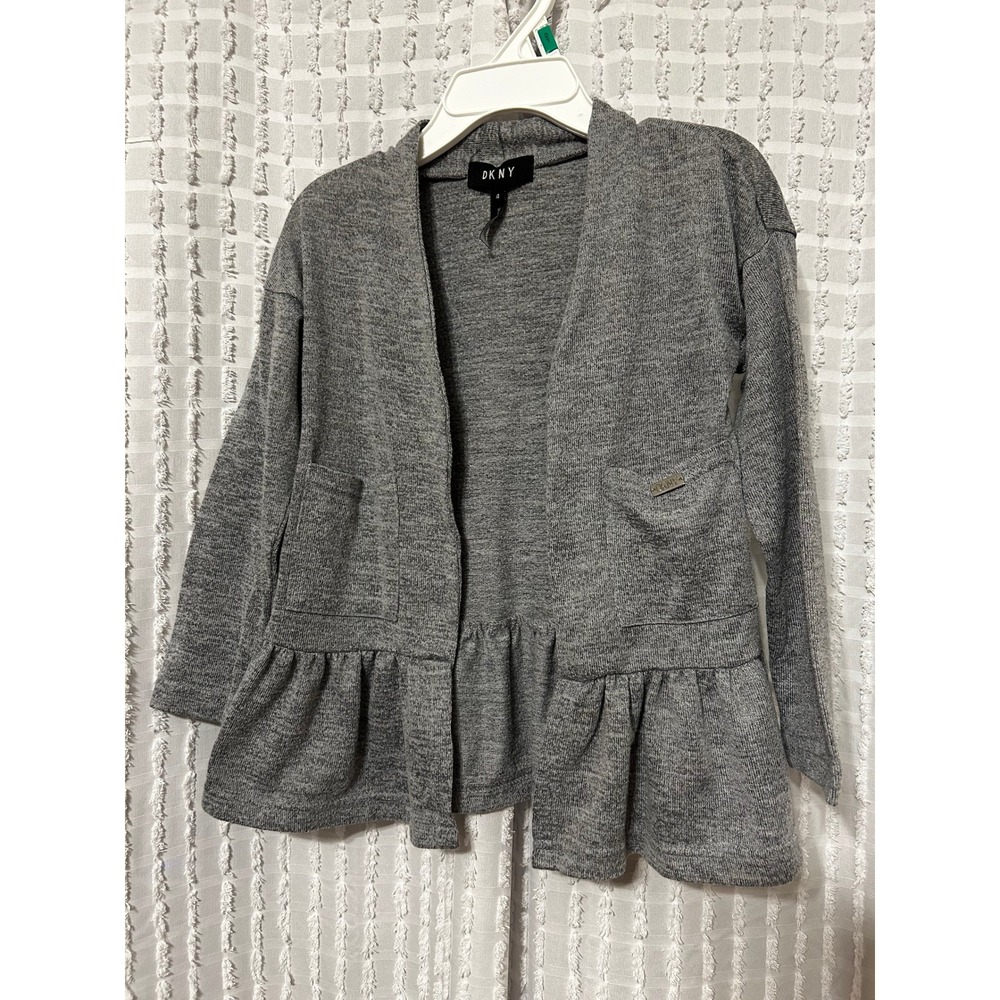 DKNY Girls Grey Open Front Peplum Cardigan Sweater Size 4 Heathered Knit